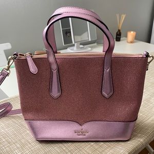 Kate Spade, pink glitter, and metallic purple crossover purse.